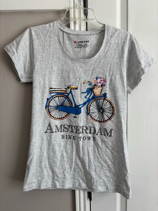 Tops - Amsterdam Bike Town Graphic Tee - Light Gray with Blue Bicycle